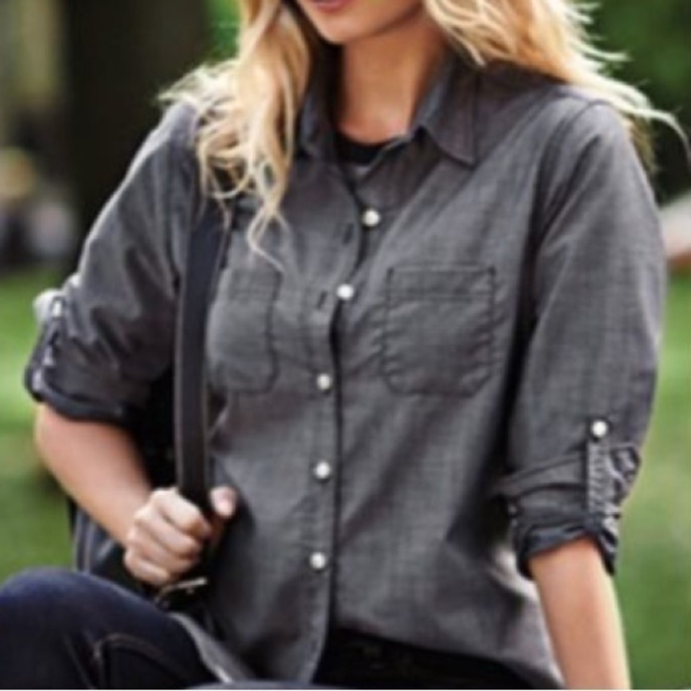 Roots Clearwater button front roll tab sleeve shirt XL